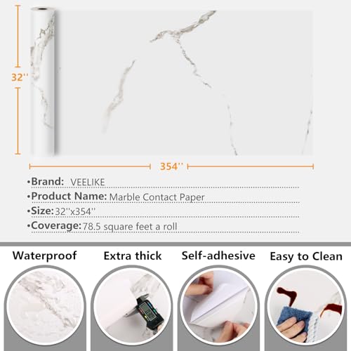 VEELIKE Wide Size 32''x354'' Matte Marble Countertop Contact Paper Waterproof White Peel and Stick Removable Granite Marble Countertop Wallpaper for Kitchen Bathroom Table Desk Walls - size: 32" x 354"