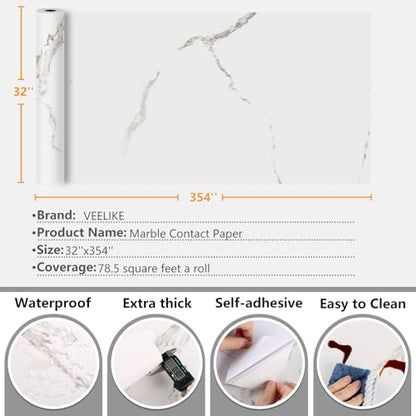 VEELIKE Wide Size 32''x354'' Matte Marble Countertop Contact Paper Waterproof White Peel and Stick Removable Granite Marble Countertop Wallpaper for Kitchen Bathroom Table Desk Walls - size: 32" x 354"