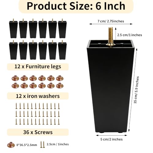 FabricJoy 12 Pack 6 Inch Plastic Furniture Legs Square Sofa Couch Legs Replacement Tapered Feet with M8 T-Nuts Screws for Legs Sofas Table Chairs Cabinets Dressers Beds - size: 6 inch