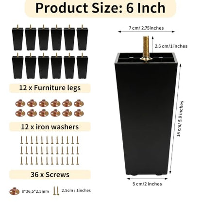 FabricJoy 12 Pack 6 Inch Plastic Furniture Legs Square Sofa Couch Legs Replacement Tapered Feet with M8 T-Nuts Screws for Legs Sofas Table Chairs Cabinets Dressers Beds - size: 6 inch