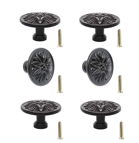 6-Pack Black Vintage Flower Cabinet Drawer Pulls Knobs, Flower Embossing, Dresser Handles, Single Hole