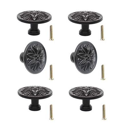 6-Pack Black Vintage Flower Cabinet Drawer Pulls Knobs, Flower Embossing, Dresser Handles, Single Hole