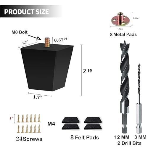 Sofa Legs Square Bed Feet 2 inch Wood Replacement Leg for Furniture Set of 8,Black (2”, 8set) - color: 8set, size: 2”