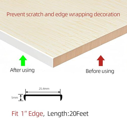 U-Shape Plywood Edge Banding - 1" Edge Protector, Self-Adhesive Trim for Veneer, Furniture, Countertop, Table, Sheet Metal - White, 20Ft - size: 1inch (20Ft)