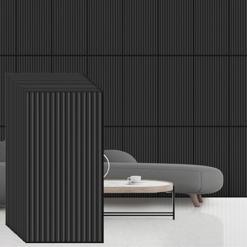 Nuanchu 18 Pack 4x2 FT 3D Slat Wall Panels Large PVC Fluted Panel Decorative Cuttable Glue up Drop Ceiling Tiles for Interior Wall Art Living Room Bedroom Bathroom TV Background Studio(Black)