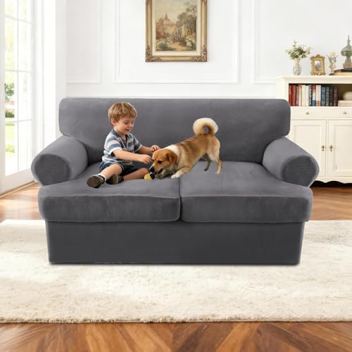 Turquoize Sofa Cover 3 Piece T Cushion Loveseat Covers for 2 Cushion Couch Thick Velvet Couch Cover Stretch Furniture Covers with 2 Individual T Cushion Covers, Washable (2 Cushion Loveseat, Gray) - color: Grey, size: Loveseat (2 Cushion)