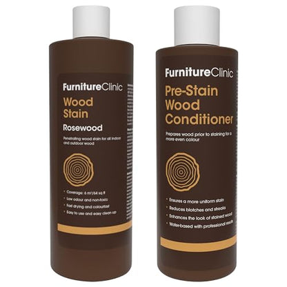 Furniture Clinic 17 oz Rosewood Wood Stain + 500ml Pre-Stain Wood Conditioner | Water Based | Fast Drying, Low Odor, & Non-Toxic | for Indoor & Outdoor Furniture and More