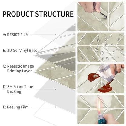 10-Sheet Herringbone Peel and Stick Backsplash Tiles, Beige - color: Beige