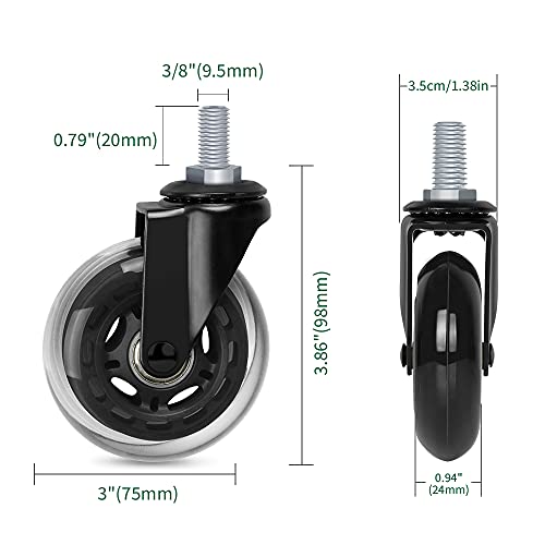 3" Thread Screw in Office Chair Caster Wheels, 3/8"-16x1(Not Metric M10), Safe for All Floors, PU Rubber Furniture,Carts Stem Caster Wheels,No Scratch,650Lbs Weight Capacity - style: Hex Nuts