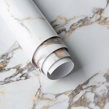 White Gloss Gold Veins Marble Granite Contact Paper peel and stick Wallpaper Cabinet kitchen for Countertops354x16inch Vinyl Wrap Adhesive Counter Top laminate Sheets Wall Paper DIY Bathroom Backspash - color: White Gold, size: 16" x 354"