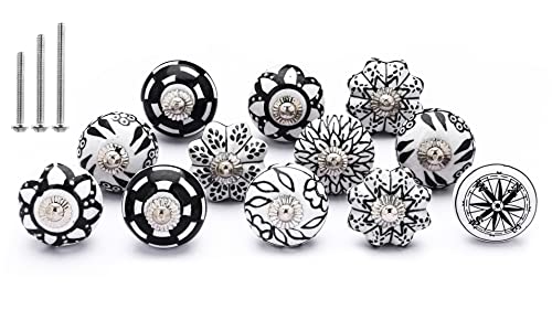 NAQSH Ceramic Cabinet Knobs Kitchen Drawer Knob Handpainted Cupboard Door & Drawers Pulls (Black & White, 12) - style: Black & White
