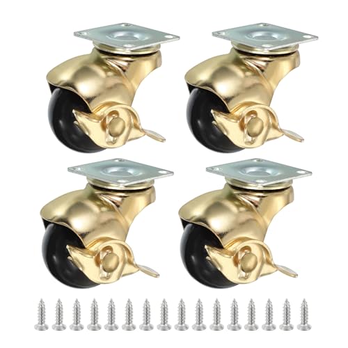 PATIKIL 1.5 Inch Ball Caster Wheels with Brake, 4 Pack 360° Rotating Swivel Top Plate Wheels 298 lbs Total Capacity Locking Caster with M4 Screws for Furniture Table Cabinet Gold - color: Gold, size: 1.5 Inch