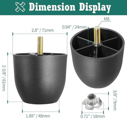 4pcs Plastic Furniture Legs 2.4" with T-Nuts, M8-1.25 Bolt, Widen - size: 2-3/8 Inch Widen, M8-1.25 Metric Thread Bolts