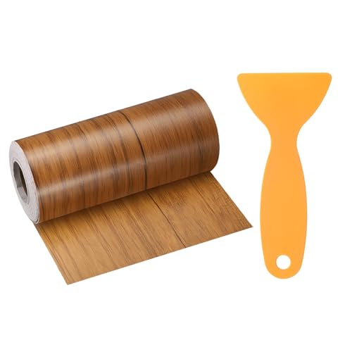 Wood Grain Repair Tape 4 Inch x 33ft Self Adhesive Repair Patch Tape Simulated Wooden Floor Tapes with Plastic Scraper for Tables Doors Windows Furniture, Dark Brown Wood