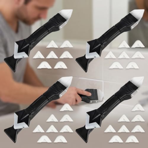 4Pack 3-in-1 Caulk Smoothing Tool with 25 Silicone Heads Metal Scraper & Spatula for Grout Finishing - size: 5pack