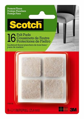 Scotch Felt Pads 16 PCS Beige, Felt Furniture Pads for Protecting Hardwood Floors, 1 x 1 in. Square, Easy-to-Apply, Self-Stick Design, Reliable Protection from Nicks, dents and Scratches (SP802-NA)