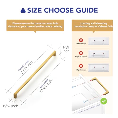 Ravinte Brushed Brass Solid Pulls Cabinet Handles 12-3/5 Inch 5 Pack - size: 12-3/5 Inch Hole Center