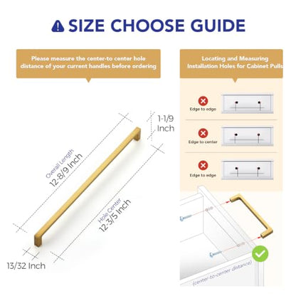 Ravinte Brushed Brass Solid Pulls Cabinet Handles 12-3/5 Inch 5 Pack - size: 12-3/5 Inch Hole Center