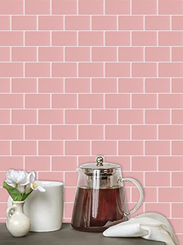 Alwayspon 10 Sheets 3D Thickened Peel and Stick Vinyl Backsplash Tiles, 12"x6" Self-Adhesive Wallpaper Wall Tile Stickers Stick on Subway Tiles for Kitchen Bathroom, Pink 061 - color: T80061S