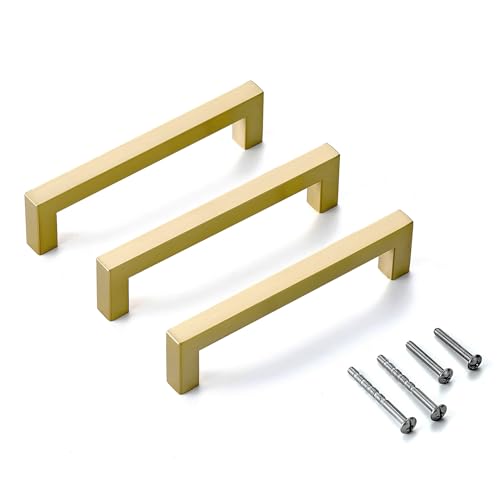 30 Pack 5 Inch Hole Center Brushed Brass Stainless Steel Square Cabinet Pulls Brushed Gold Cabinet Handles Drawer Handles Cupboard Handles - color: Brushed Gold, size: 5 inch hole center (128mm)