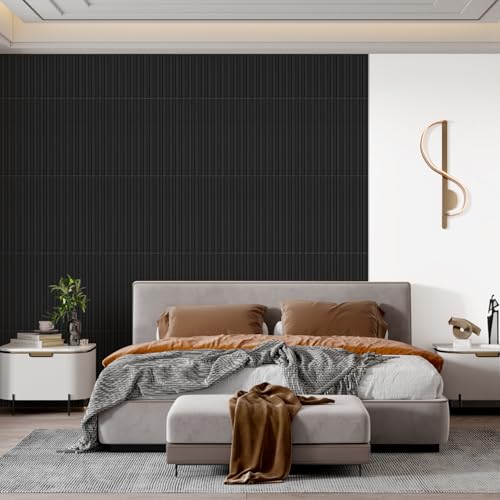 STICKGOO 3D Slat Wall Panels, PVC Fluted Wall Decor, 12 Tiles, Black - color: Black