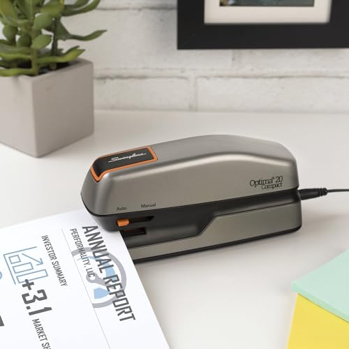 Swingline Electric Stapler, 20 Sheet Capacity, Optima 20, Jam Free, Compact, Automatic or Manual, Plug In or Battery, Orange and Gray (48207) - size: 20 Sheet, style: Half Strip (Compact) (Pack of 1)