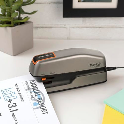 Swingline Electric Stapler, 20 Sheet Capacity, Optima 20, Jam Free, Compact, Automatic or Manual, Plug In or Battery, Orange and Gray (48207) - size: 20 Sheet, style: Half Strip (Compact) (Pack of 1)