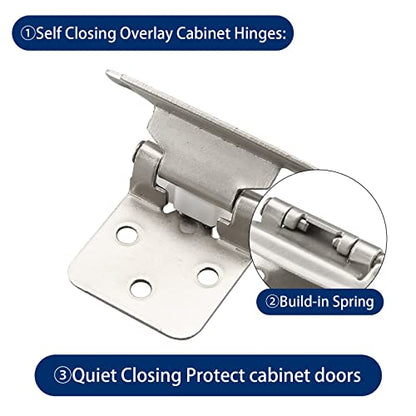 HOME MASTER HARDWARE Self Closing Overlay Cabinet Hinges 1/2" Variable Semi-Concealed Hinge for Kitchen Bathroom Hinges Flush Mount w/Cupboard Screws, Satin Nickel Finish 20 Pcs - color: Satin Nickel-20Pack, size: 1/2"Overlay