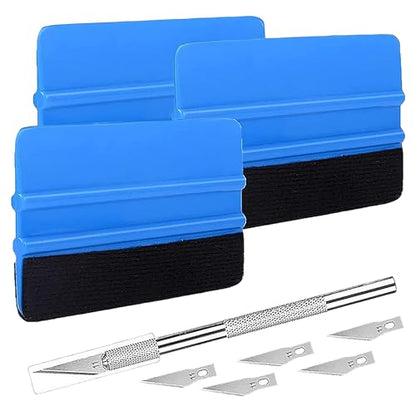 Durable Black Felt Edge Vinyl Squeegee Tool 4-Inch & Craft Knife (3-Pack)