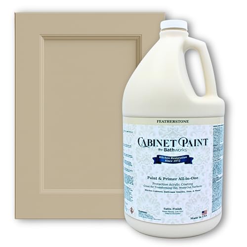Bathworks Kitchen Cabinet Paint - Satin, Pro-Grade Formula by Refinishing Pros Since 1972, Low-VOC, Scrub Resistant, for Wood, Laminate & MDF Cabinets, Vanities, Furniture (Featherstone, 1 Gallon) - color: Featherstone, size: 128 Fl Oz (Pack of 1)