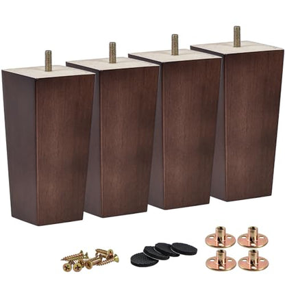 4 inch / 10cm Wooden Furniture Legs, Tchosuz Pack of 4 Mid Century Modern Solid Wood Walnut Pyramid Square DIY Replacement Feet with 5/16" Hanger Bolts & T-Nuts for Sofa Couch Armchair Bed Riser - color: Walnut, size: 4"/10cm