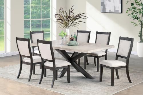 7-Piece Dining Set with 6 Upholstered Side Chairs, Antique Black - color: Antique Black,light Beige