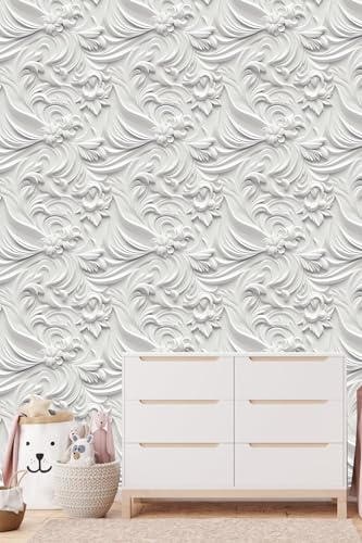 Peel and Stick Wallpaper White Gray Scroll Floral Accent - color: White&Light Gray, size: 17.7" x 118"