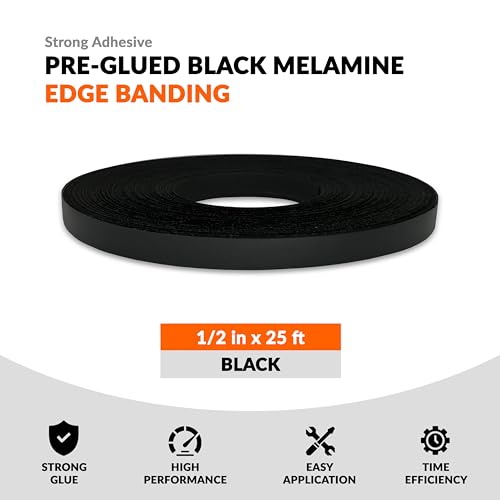 Black Edge Banding 1/2 inch x 25 ft Melamine Iron On Adhesive Edging Cabinet Repair Laminate Shelf Board Countertop Furniture Strip Wood Veneer Tape Trim Peel Stick Cabinet Molding Vinyl PVC Iron - color: Black, size: 1/2 in x 25 ft