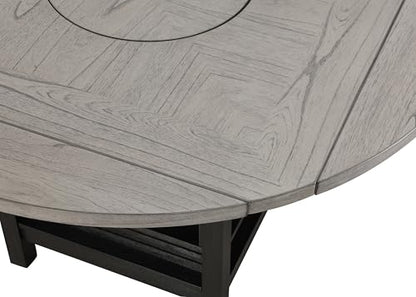 5pc Counter Height Dining Set Storage Table Single Pedestal Round Black Gray Natural Grain Integrated Turntable Drop Leaves Built in Shelving Fabric Upholstery Chairs