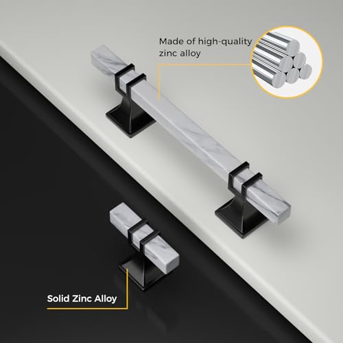 Rergy 10 Pack Cabinet Handles, White Marble & Matte Black Pulls, 5" - color: White Marble & Black, size: 5 inch (128mm) Hole Center