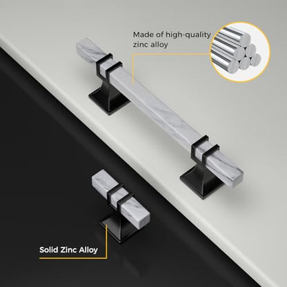 Rergy 10 Pack Cabinet Handles, White Marble & Matte Black Pulls, 3" - color: White Marble & Black, size: 3 inch (76mm) Hole Center