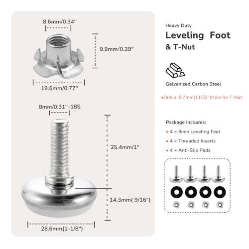 M8 Heavy Duty Furniture Levelers 4-Pack with T-Nut Inserts & Rubber Pads