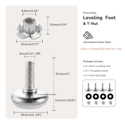 M8 Heavy Duty Furniture Levelers 4-Pack with T-Nut Inserts & Rubber Pads