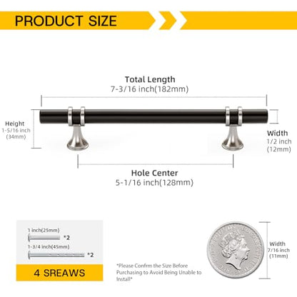 Rergy 10 Pack 5 Inch Hole Center Black and Silver Cabinet Pulls - color: Black&Brushed Nickel, size: 5-1/16in Hole Center(128mm)