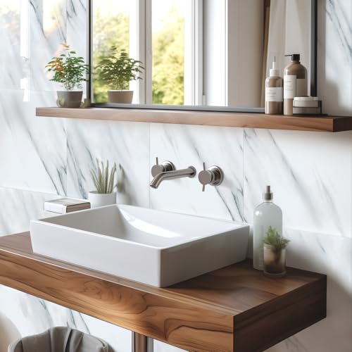 Peel and Stick Backsplash Tile,10pc Waterproof Marble Wall Panels - color: White and Grey