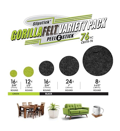 Slipstick Gorilla Felt Furniture Pads (76 Piece Variety Pack) Premium Furniture Pads & Chair Leg Floor Protectors for Hardwood Floors & Hard Surfaces - size: 76 Piece Variety Pack