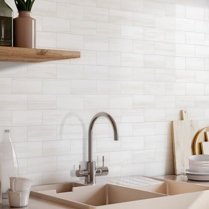 Vamos Tile 100-Piece Glossy Dolomite White Peel and Stick Backsplash Tile,3''x6'' PVC Subway Tile with White Grout, Stick on Backsplash for Kitchen/Bathroom/Fireplace - color: Dolomite White