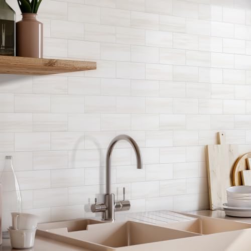Vamos Tile 100-Piece Glossy Dolomite White Peel and Stick Backsplash Tile,3''x6'' PVC Subway Tile with White Grout, Stick on Backsplash for Kitchen/Bathroom/Fireplace - color: Dolomite White