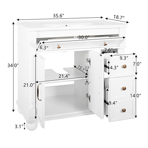 Bathroom Vanity Cabinet with Sink, White, 35.6 x 18.7 x 34 in