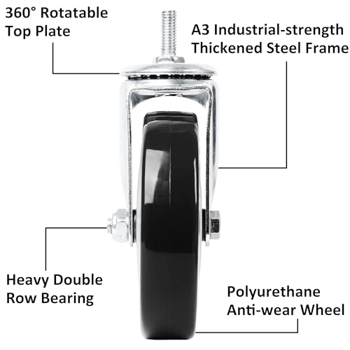 Finnhomy Swivel Caster Wheels 5 Inch Threaded Stem Casters Set of 4 Heavy Duty 3/8"-16 x 1 Anti-wear Polyurethane Industrial Castor Wheels for Cart/Furniture Load Bearing 2200 Lb Smooth Caster Black - style: 5 Inch