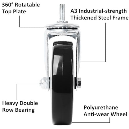 Finnhomy Swivel Caster Wheels 5 Inch Threaded Stem Casters Set of 4 Heavy Duty 3/8"-16 x 1 Anti-wear Polyurethane Industrial Castor Wheels for Cart/Furniture Load Bearing 2200 Lb Smooth Caster Black - style: 5 Inch