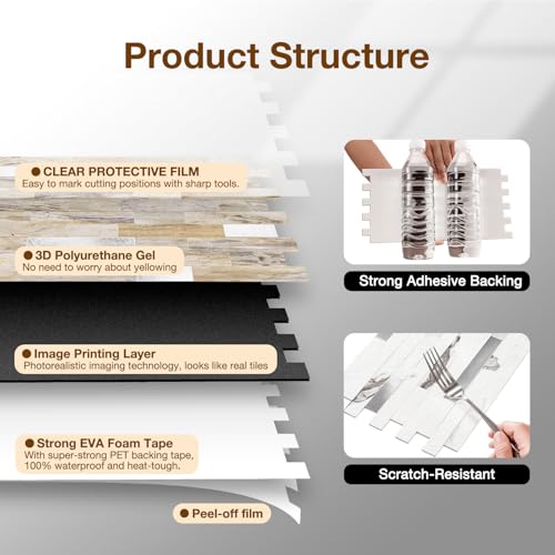 Peel and Stick Backsplash Tile Waterproof Removable PVC Wall Sticker 3D Faux Stone Marble Brick White Accent Panels (Gray - Yellow Stone - Metal Silver, 40 Tiles - 18 sq. ft. (1.68 m²)) - color: Gray - Yellow Stone - Metal Silver, size: 40 Tiles - 18 sq.