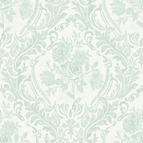 Ismoon Sage Green Floral Wallpaper Peel Stick Vintage Damask Wallpaper - color: Green, size: 17.3" x 78.7"