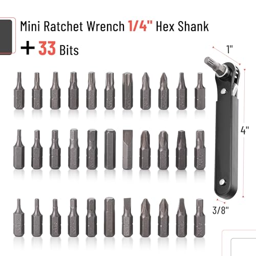 Bates Choice Mini Ratchet Set, 34 pcs, Cr-V Steel, 1/4" Low Profile Right Angle Screwdriver, 1/4 Bit Set, Red Storage Box, Screwdriver Bit Sets